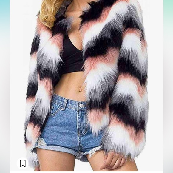 NWOT ~Faux Fur Coat Chevron Pattern Open Front with clip closure - Picture 2 of 5